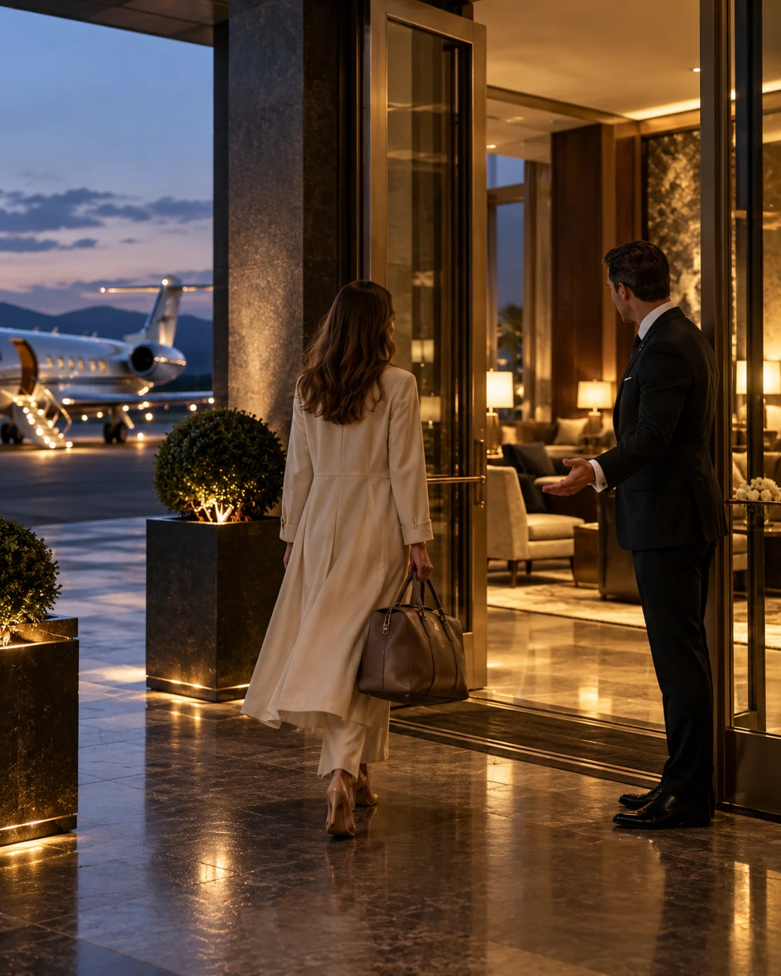 A concierge welcomes a guest into a private aviation lounge